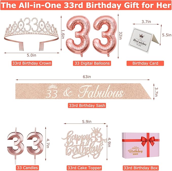33 Birthday Decorations for Women, Including 33rd Birthday Sash and Tiara, Cake Topper and Candles, Number Balloons, 33 Year Old Gifts for Women