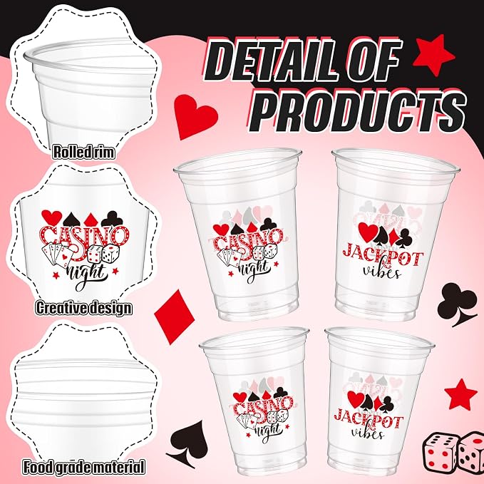 FoldTier 50 Pcs Casino Night Cups, 12 oz Disposable Plastic Cups with Straws and Lids for Home Casino Night Themed Holiday Party Supplies Favors