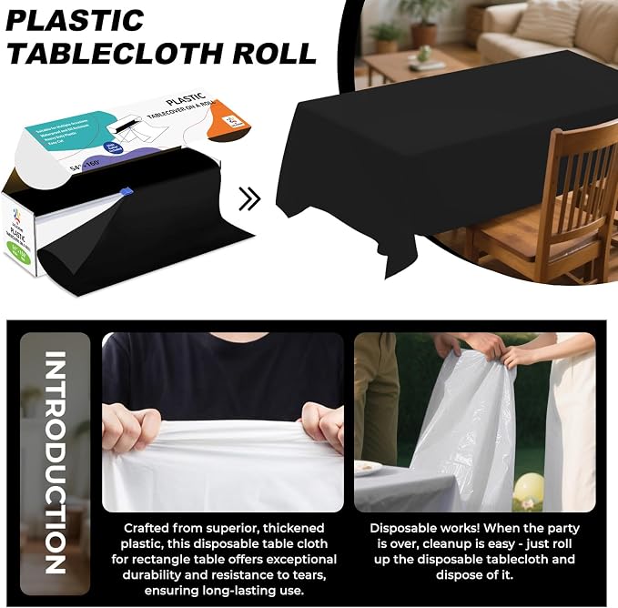 54IN X 160FT Plastic Table Cover Roll with Cutter Box, Cut to Size Plastic Table Cloths for Parties, Birthday, Disposable Tablecloth Roll for All Shape Tables (Black, 54 Inch X 160 Feet)
