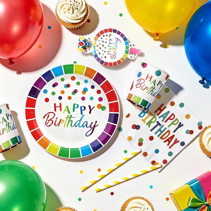 163pcs Colorful Happy Birthday Party Supplies Decorations Set-Rainbow Dot Design Disposable Tableware Kit with Plates,Napkins,Cups,Straw,Balloons,Party Blower,Tablecloth for Kids Boys Girls