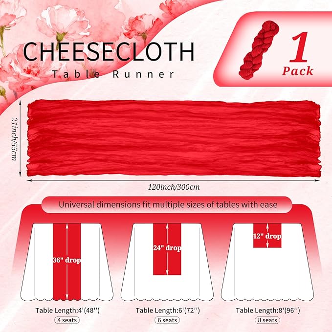 1 Pack Cheesecloth Table Runner 10FT Red Table Runner Boho Gauze Cheese Cloth Table Runners Long Rustic Sheer Table Decorations for Wedding Party Baby Bridal Shower Birthday Holiday Home