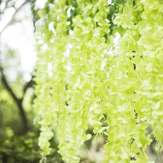12 Pack Green Wisteria Hanging Flowers Garland, 3.77 Feet Artificial Flower Vines, Fake Wisteria, Artificial Vines Hanging Garland for Backdrop Outdoor Yard Garden Decor