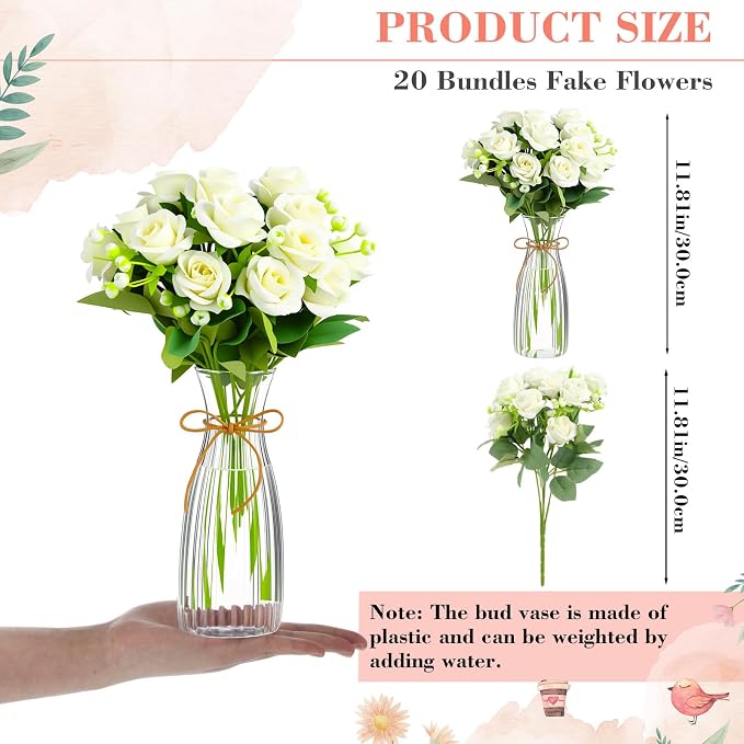 Zeyune 31 Pcs Rose Artificial Flowers with Vase Bulk for Table Centerpiece, 20 Bundles Fake Silk Roses 10 Plastic Clear Vase with 1 Pcs Rope Arrangement Decoration Wedding Home Party(White)