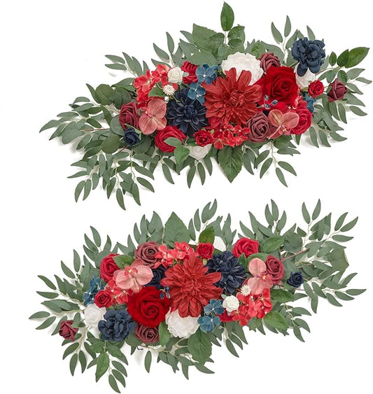 TINGE TIME Navy Blue Flower Garlands, 2 PCS Red Rose Artificial Arch Flowers, Handcraft Artificial Rose Arch Flowers for Wedding Arch Sweetheart Table Ceremony Backdrop Decorations for Home