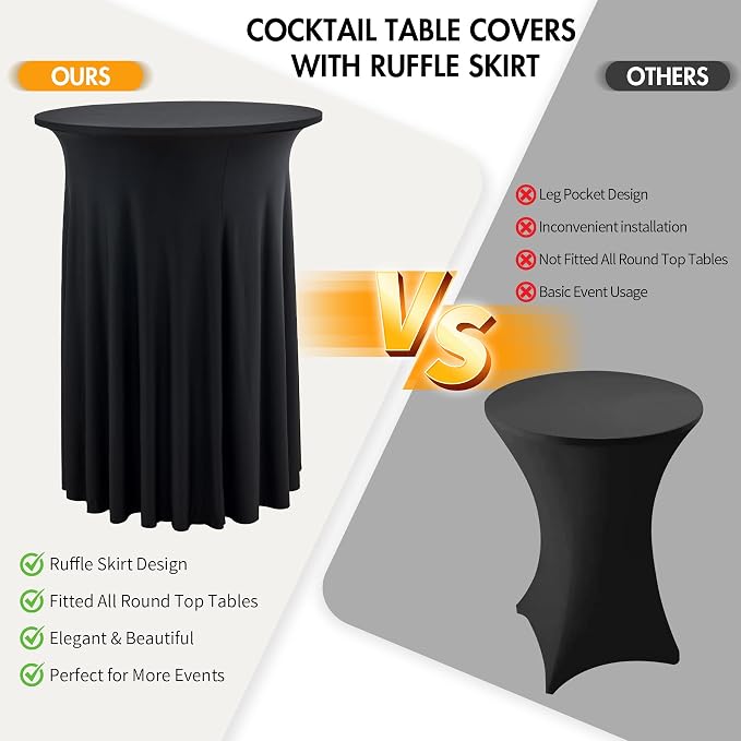 2 pk Black Cocktail Table Cloth Round 36×43in-High Top Highboy Bar Cocktail Tablecloths-Wrinkle Free Stretchy Fitted Spandex Table Covers with Ruffle Desk Skirt for Wedding Banquet Party Tables