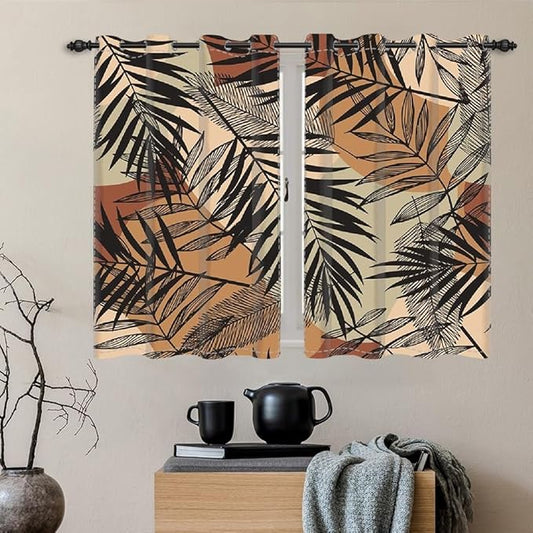 Mid Century Leaves Blackout Kitchen Curtains Boho Palm Leaves Modern Abstract Art Window Drapes Boho Window Curtains Treatment Sets Living Bedroom Dining Room Home Decor,21x45 inch,2 Panels