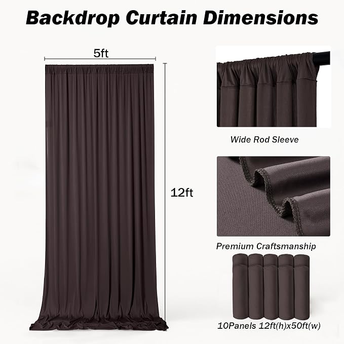 50ft×12ft Brown Backdrop Curtains for Wedding Parties, 10 Panels Wrinkle Free Polyester Photo Backdrop Drapes Back Drop Cloth for Birthday Photography Background