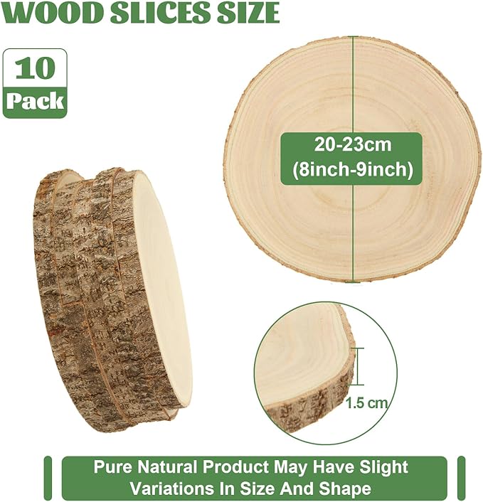 WOPPLXY 10 Pcs Large Unfinished Wood Slices for Centerpieces, 8-9 Inches Wood Rounds for Tables Decor Round Wooden Discs, Wooden Slices Rustic Wood Slabs for DIY Crafts, Wedding,Christmas,Table Decor