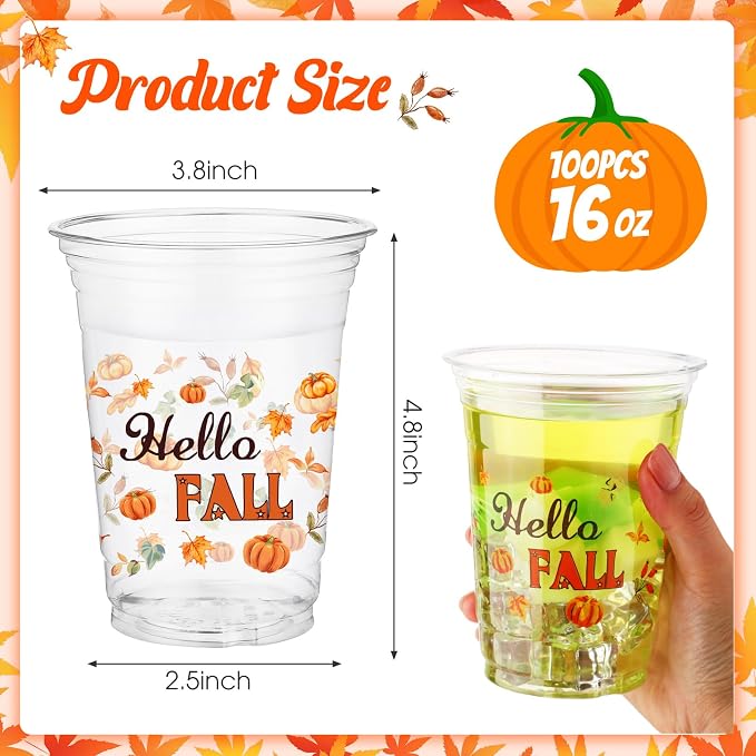 100 Pcs Thanksgiving Fall Plastic Cups 16 oz Disposable Clear Fall Cups Bulk Cute Pumpkin Plastic Glasses for Thanksgiving Party Supplies, Autumn Holiday, Harvest Gatherings, Cold Drinks