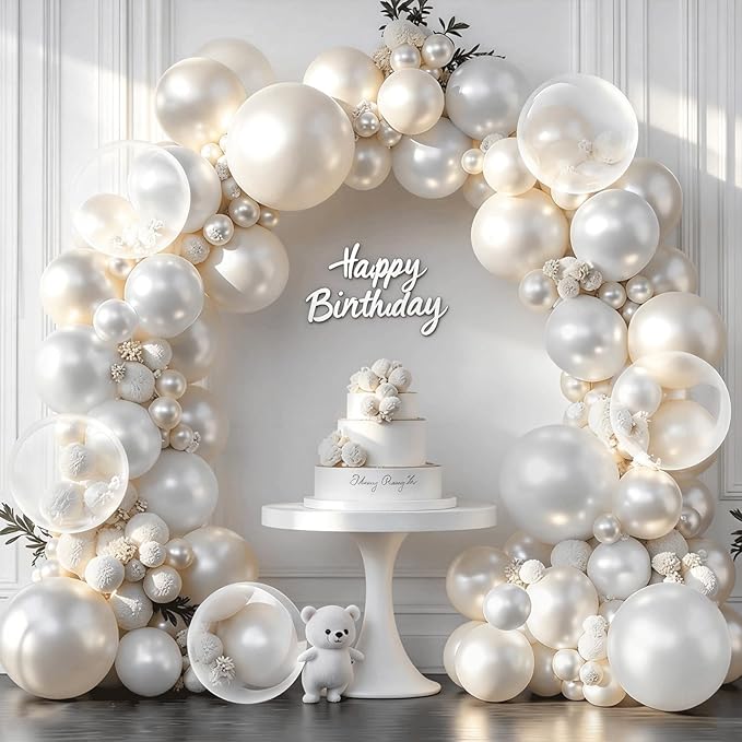 Pearl White Balloons Arch Kit, Double Stuffed White Sand Beige Ivory Balloons Pastel White Bobo Balloons Arch Kit for Wedding Birthday Party Engagement Decorations