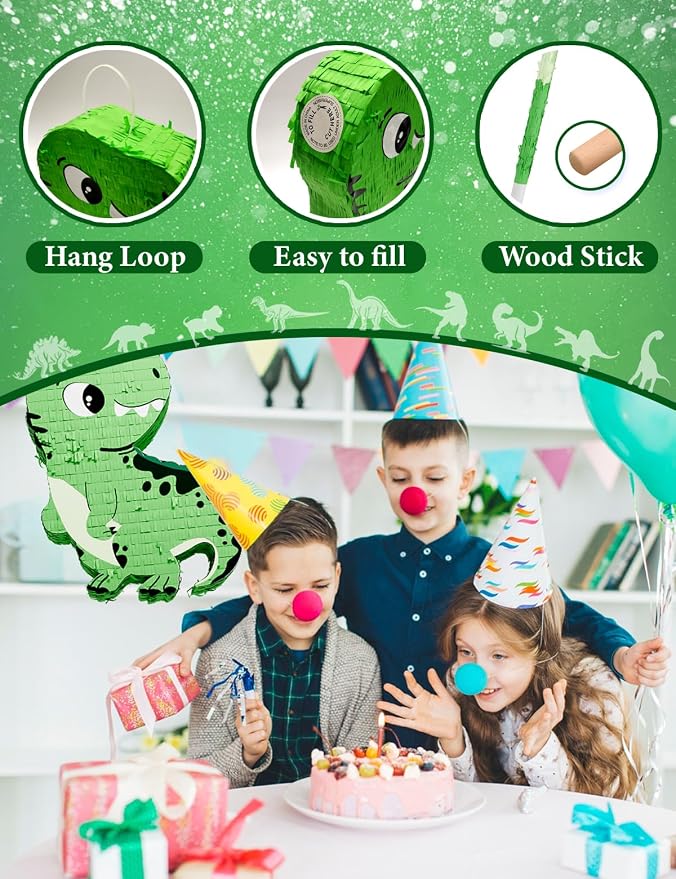 Dinosaur Piñata for Boys, Piñata de Dinosaurio para niños with 12pcs Paper Glasses, Confetti, Wood Stick and Blindfold, Dino Piñata for Birthday Party Decorations (16"*13"*3.5")