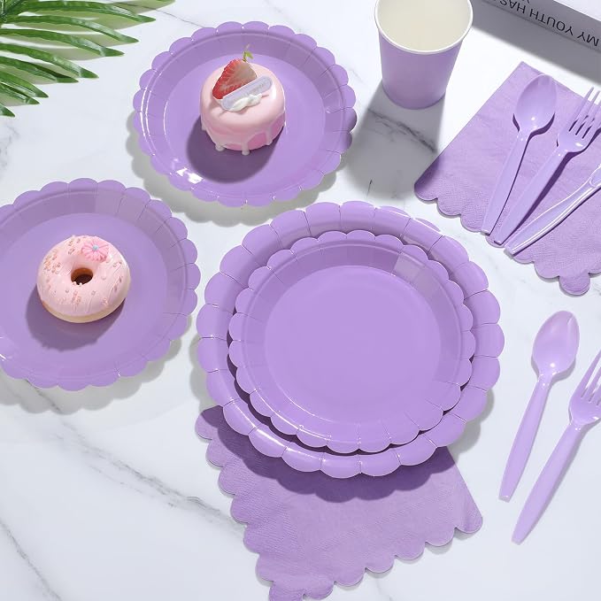 350 Pcs Lavender Paper Plates and Napkins, Light Purple Party Decorations Include Light Purple Scalloped Plate Napkins Cups Plastic Spoon Fork Knive for Girls Birthday, Baby Shower, Wedding