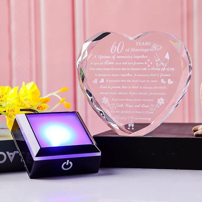 60th Wedding Anniversary Crystal Gifts for Parents Couples with LED Base Heart Happy 60th Anniversary Keepsake Gift for Husband Wife 60 Years of Marriage Gifts for Her Him