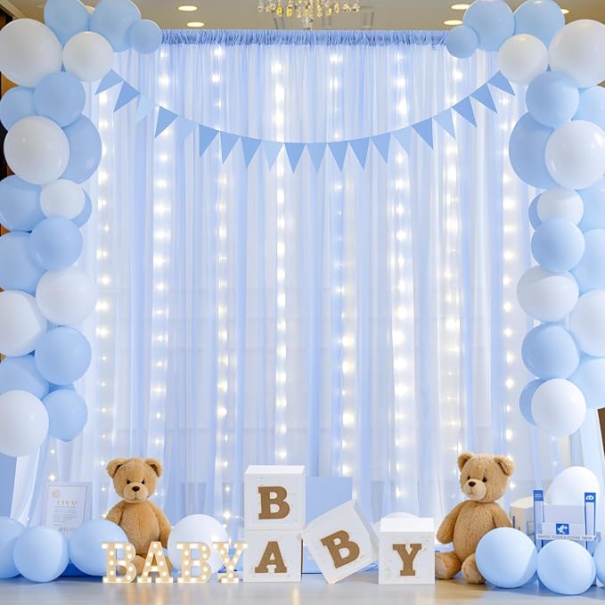 20ft x 10ft Baby Blue Chiffon Backdrop Curtain with Lights String for Parties,4 Panels Sheer Tulle Curtain Wedding Backdrop for Baby Shower Birthday Party Ceremony Reception Home Decorations