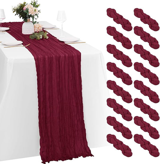 16 Pack Burgundy Cheesecloth Table Runners 20x120 Inch Gauze Table Runner 10FT Easter Cheese Cloth Table Runner Rustic Sheer Runner for Wedding Baby Shower Birthday Party Table Decor
