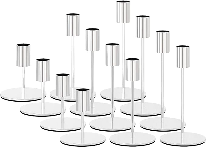 zeochyni Silver Candlestick Holders Set of 12 for Home Decor | Metal Taper Candle Holders Bulks in 3 Heights with Weighted Base for Dining, Wedding, Mantel Decor and Housewarming Gift