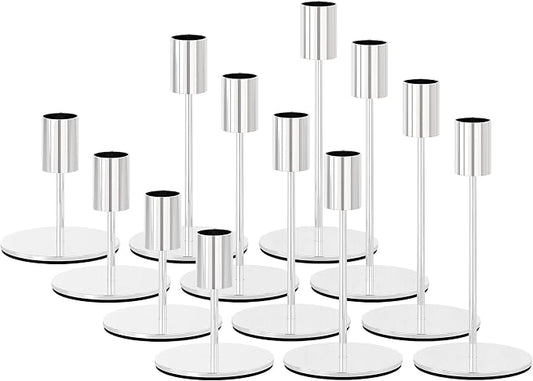 zeochyni Silver Candlestick Holders Set of 12 for Home Decor | Metal Taper Candle Holders Bulks in 3 Heights with Weighted Base for Dining, Wedding, Mantel Decor and Housewarming Gift