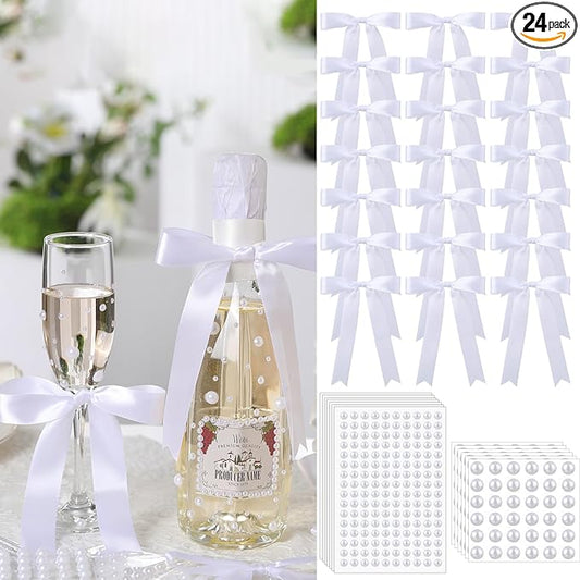 Suncalla 24 Pcs Wedding Wine Bottle Decorations Champagne Flutes Wrapping White Ribbon Bows with Pearl Stickers Bridal Shower Marriage Wedding Gifts Bride and Groom Bachelorette Engagement Party Decor