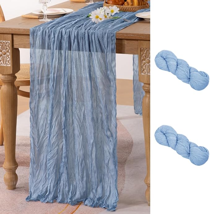 MLMC 2 Pack Dusty Blue Table Runner 10ft Boho Gauze Blue Cheesecloth Table Runner Rustic Cheese Cloth Centerpiece 35x120 Inches for Wedding Bridal Shower Baby Shower Party Decor