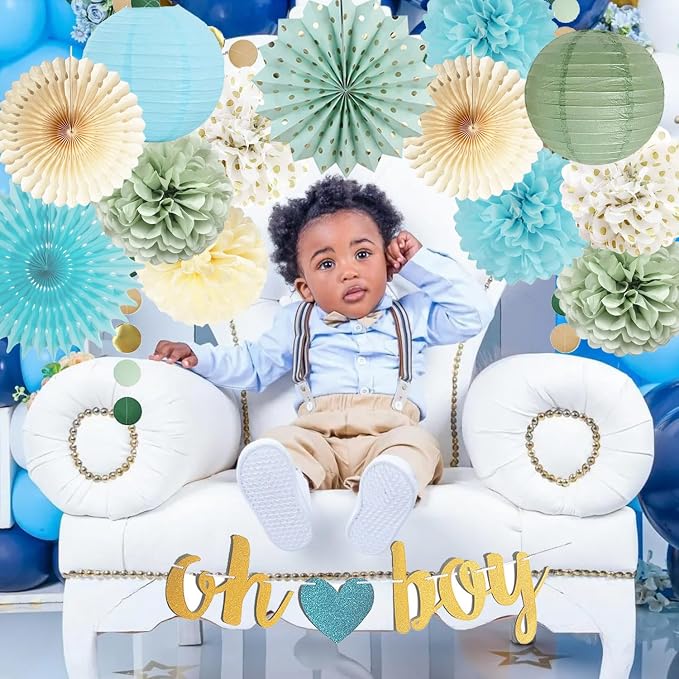Sage Green Blue Baby Shower Decorations for Boy Oh Boy Banner Tissue Paper Pom Poms Flowers Paper Fans Circle Dot Garland Neutral Party Supplies Baby Boy Gender Reveal Birthday Party Decorations