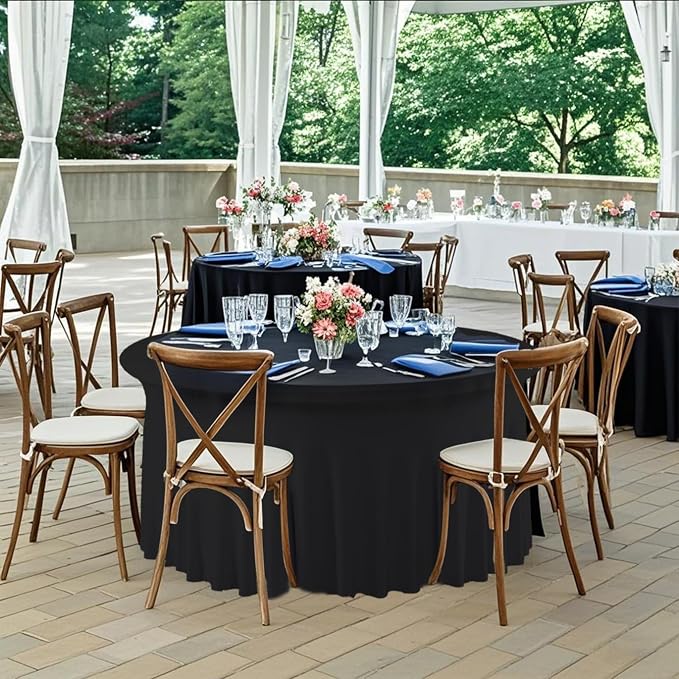 10 Pack Black Round Spandex Tablecloths for 60inch Tables, Stretchy 120inch Fitted 5FT Round Table Cloths Wrinkle Free Washable Table Cover with Skirt for Wedding Birthday Party Dining Banquet Events