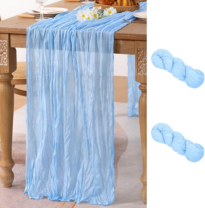 MLMC 2 Pack Baby Blue Table Runner Baby Blue Cheesecloth Table Runner 10ft Baby Shower Decorations Rustic Gauze Cheese Cloth Centerpiece 35x120 Inches for Gender Reveal Birthday Party Wedding Decor