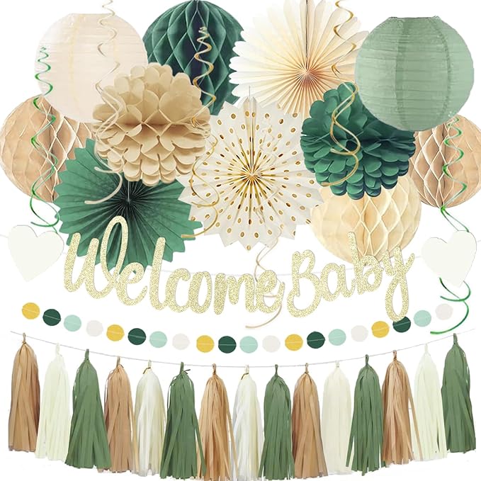 Sage Green Baby Shower Decorations Boys Safari Welcome Baby Sign Olive Green Paper Flowers Honeycomb Balls Lanterns Fans Hanging Swirls Tassel Garlands for Baby Gender Reveal Party Décor