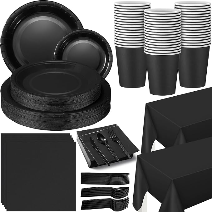 422 Pcs Black Disposable Party Supplies Serves 60 Guests Paper 7'' 9'' Plates Cups Napkins Plastic Tableware Spoons Forks Knives 2 Pcs Table Cover for Birthday Wedding Decorations(Black)