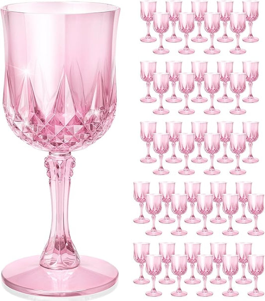Plastic Wine Glasses, Disposable Plastic Goblets 7.1oz for Wedding Party Holiday, Unbreakable Wine Cups with Stem Vintage for Champagne, Juice, Cocktail (48pcs Pink)