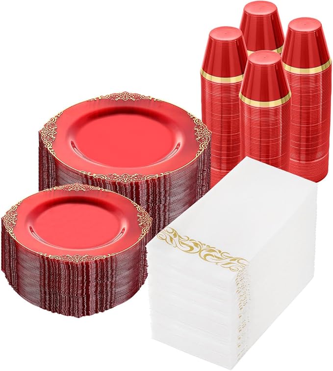 Bestluck 700PCS Clear Red Plastic Plates for 100 Guests, Disposable Plates with Gold Trim include 100 Dinner plates, 100 Dessert Plates, 300 Gold Silverware, Cups and Napkins for Party, Graduation