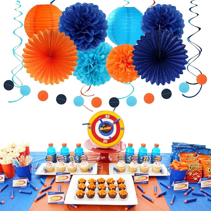 Royal-Light Blue Orange Happy-Birthday Party-Decorations - 31pcs Men Boys Paper Lanterns Streamers Banner,Navy Tissue Flowers Pom Poms Fans Tassels Garland Decor Backdrop Supplies Hugmoon