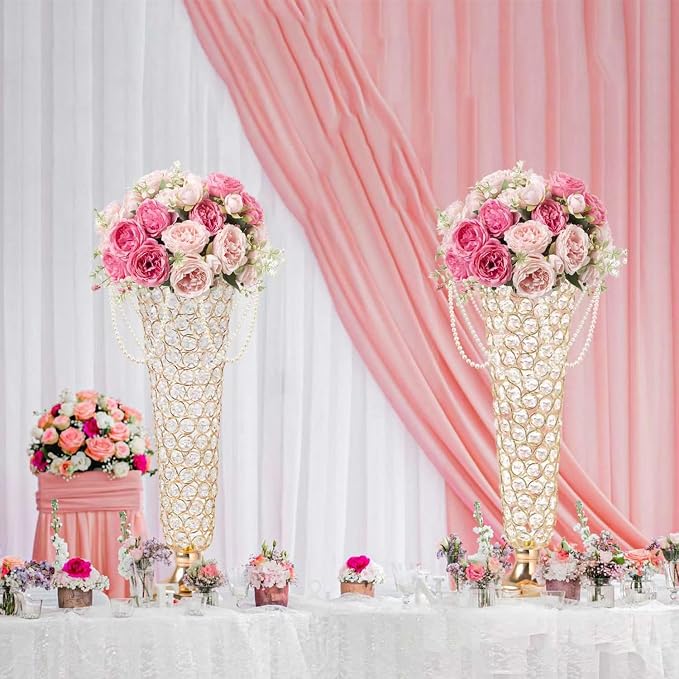 2-Pack 18.5" Tall Gold Vases, Engraved Crystal Trumpet Vase, Gorgeous Centerpiece Flower Stand | Artificial Flower Arrangement for Weddings, Anniversaries | Home & Party Decor Display