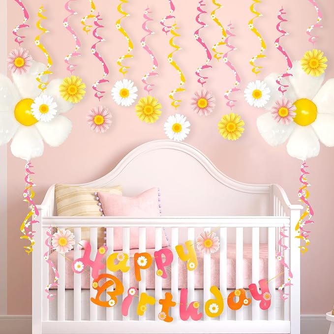 SUNBEAUTY Daisy Groovy Party Decoration Boho Happy Birthday Banner Daisy Paper Hanging Swirls Flower Birthday for Women Birthday Classroom Office Boho Hippie Retro Birthday Baby Shower Party Supplies