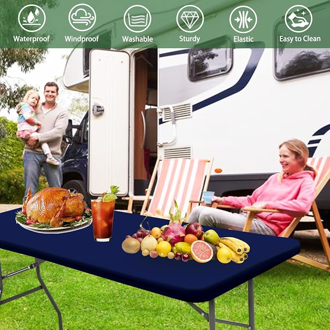8 Foot Picnic Table Cover Fitted Elastic Tablecloth for Rectangle Tables 10 Pack Waterproof Stretch Washable Folding Indoor Outdoor Spandex Table Cloth Parties Banquet Camping (Navy Blue,30" x 96")