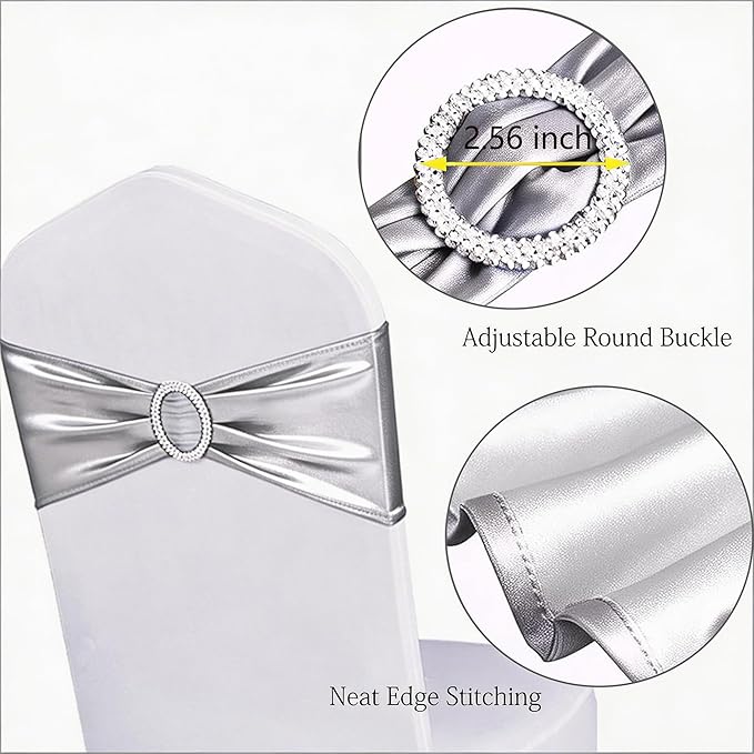 Pack of 100 Wedding Silver Chair Sashes, Elastic Chairs Bands with Buckle Slider, Chair Bows for Wedding Decorations, Without Chairs Covers (Metallic Silver)