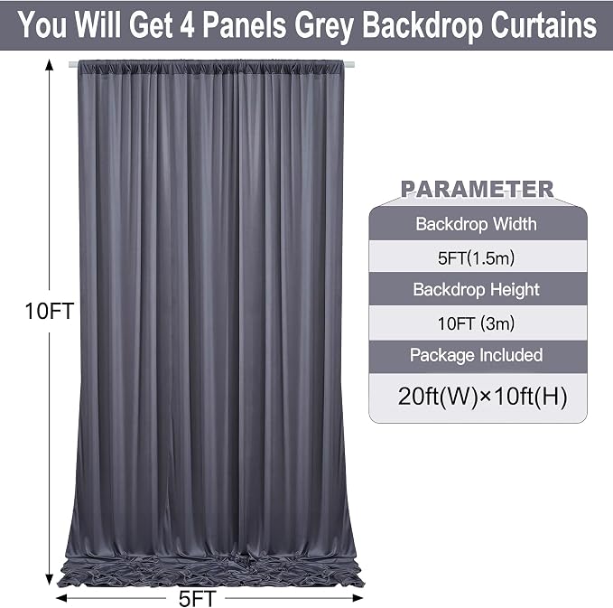 20ft×10ft Wrinkle Free Grey Backdrop Curtain for Parties, 4 Panels 5×10ft Soft Silky Polyester Charcoal Photo Backdrop Drapes for Wedding Birthday Baby Shower Photography Backgrounds