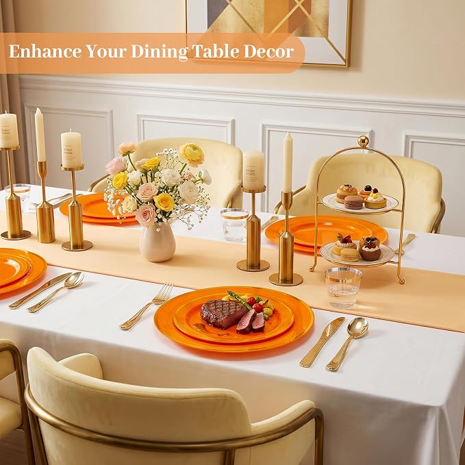 DaYammi 210PCS Orange Plastic Dinnerware Set Orange Plates Disposable Disposable Plates for Party Include: 30 Dinner Plates,30 Dessert Plates,30 Pre Rolled Napkins with Silverware,30 Cups for Wedding