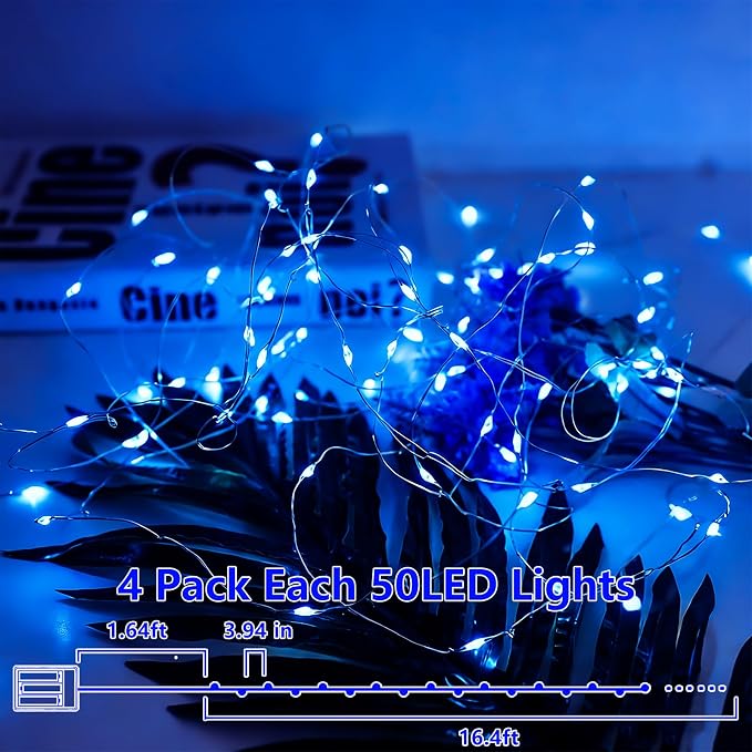 YEGUO Fairy Lights Battery Operated, 4 Packs Each 16ft 50 LED String Lights, Christmas MIni Lights Indoor for Bedroom Wedding Party Holiday Gift(Blue)