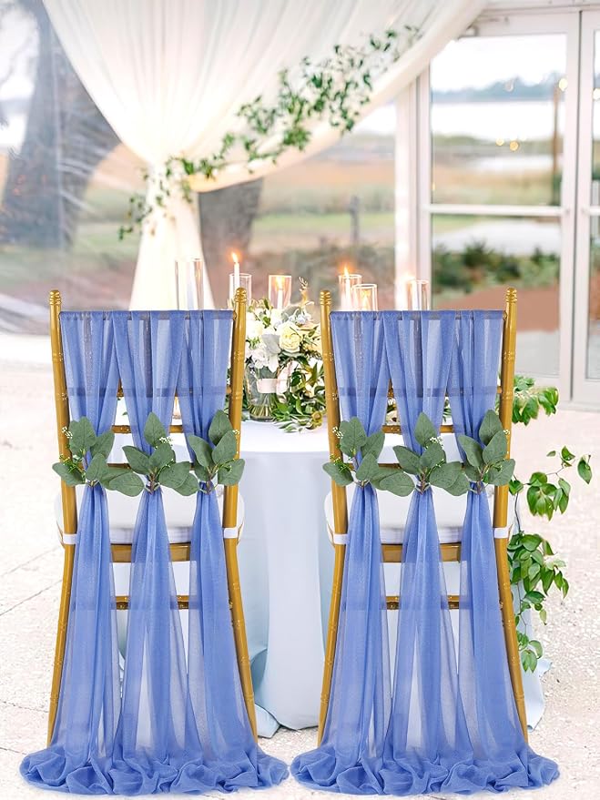 QueenDream Dusty Blue Sashes Wedding Chair Decorations: 50PCS Tulle Cover Bands Aisle Sheer Chair Bows for Birthday Party Banquet