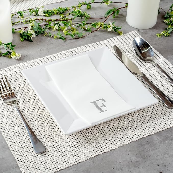 Luxenap 15.8 X 7.9 Inch Linen-Feel Guest Towels, 50 Lettered Hand Towels - Silver Letter 'F', Sans Serif Font, White Paper Dinner Napkins, airlaid, For Restrooms And Tables - Restaurantware