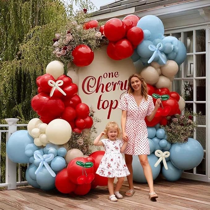 Red Blue Cherry Balloon Arch Kit Double Stuffed, Ruby Red Dusty Light Blue White Sand Ivory Balloon Garland with Long Latex Balloons for Cherry on Top Birthday Mothers Day Baby Shower Party Decor