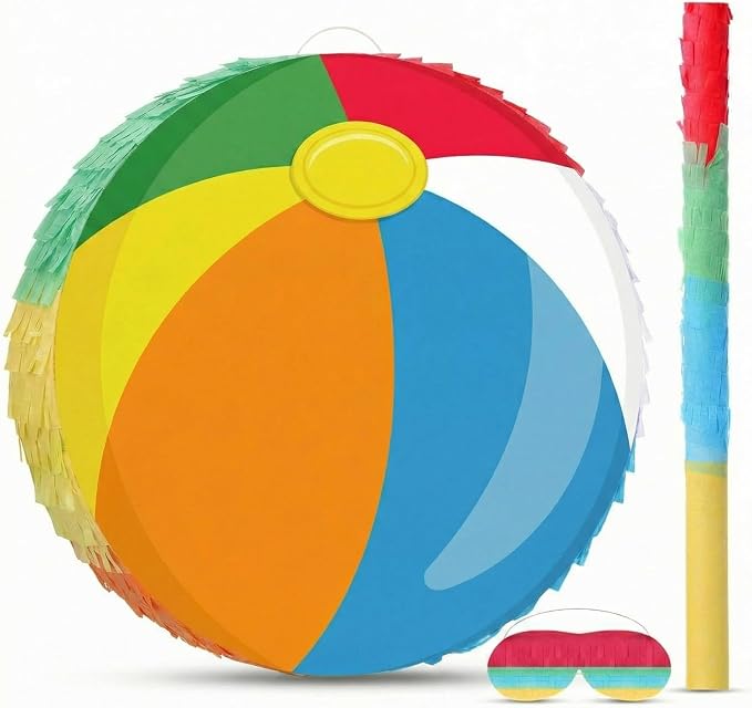 Blosssound Beach Ball Piñata Summer Pool Party Decorations Supplies Rainbow Pool Ball Piñata Set with Stick Blindfold for Hawaiian Tropical Luau Beach Theme Birthday Baby Shower Celebration Decor