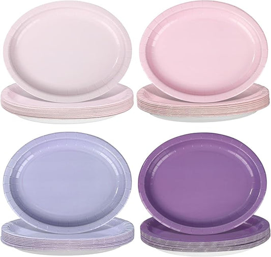 Vesici 100Pcs Purple Pink Paper Plates Gradient Purple Oval Heavy Duty Disposable Dessert Plates Lavender Light Pink Paper Platters Tableware for Baby Shower Wedding Bridal Birthday Party Supplies