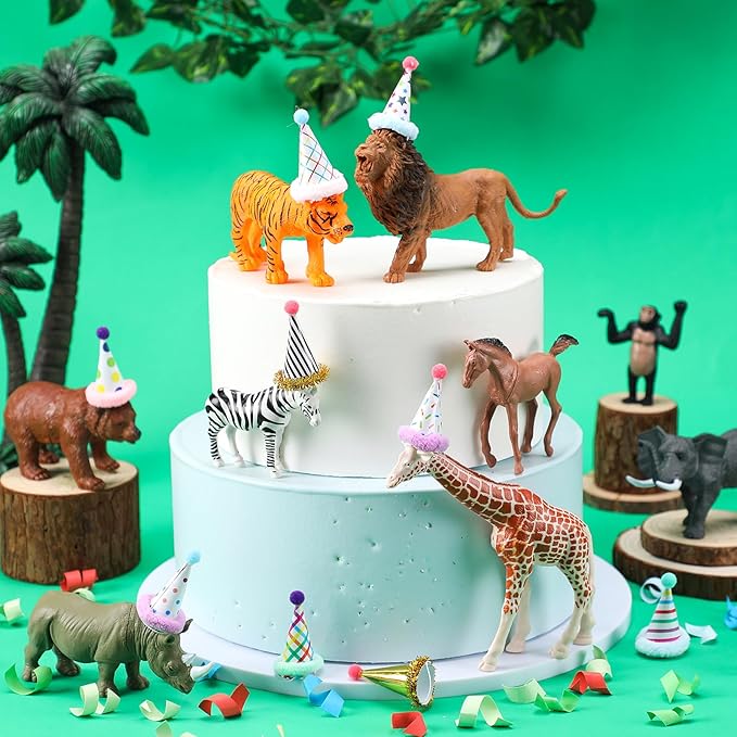 Colingmill 18 Pcs Jungle Animal Birthday Party Decorations Mini Birthday Hat Animal Figure Model Cake Toppers with Mini Hat for Birthday Party, Wild Animals Themed Party