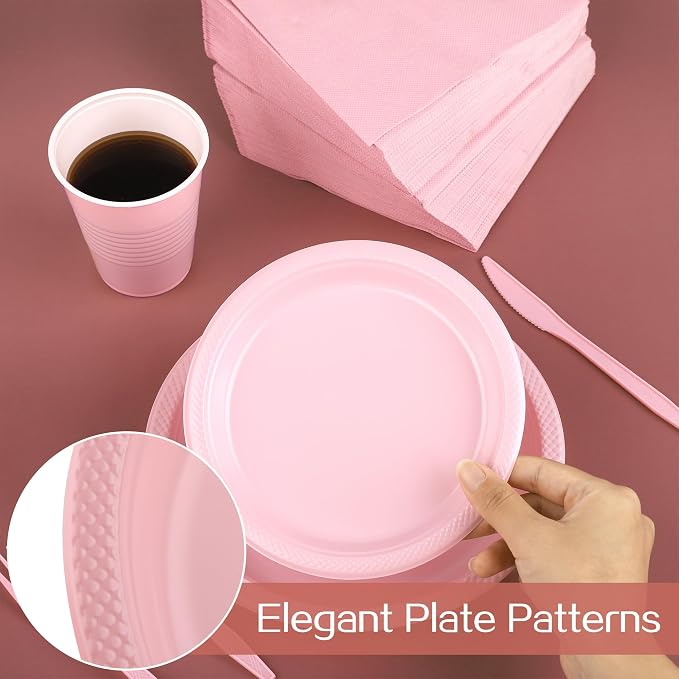 Aodaer 200 Pieces Pink Party Supplies Disposable Dinnerware Set Include Plastic Plates Cups Knives Forks Spoons Paper Napkins for Birthday Wedding Graduation Parties, Serve 25 Guests