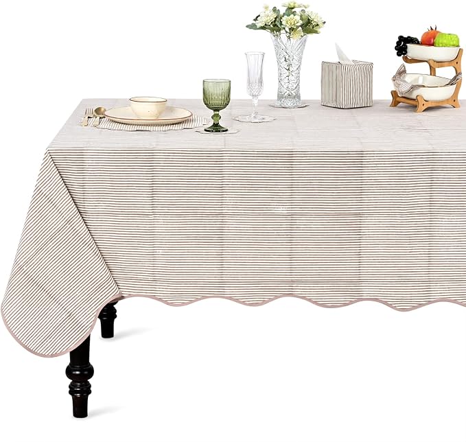 Ridhi Oatmeal Brown Stripe Block Print 60x108 Rectangle Tablecloth Table Cover for Dining Tables, Handcrafted Farmhouse Kitchen Decor, Washable, Decorative Tablecloths for Spring, Easter, Valentine