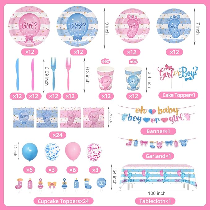 190 Pcs Gender Reveal Party Decorations Kit (Serves 24 Guests), Include Plates and Cups and Napkins Sets with Forks and Banner, Girl or Boy Baby Gender Reveal Party Supplies