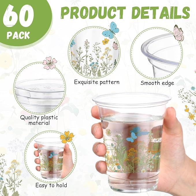 Funnymoom 60 Pack Wildflowers Plastic Cups 12 oz Floral Botanical Disposable Clear Plastic Drinking Cups for Summer Spring Birthday Wedding Bridal Baby Shower Party Decoration Supplies