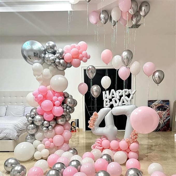Pink and Silver Balloon Arch Kit, Pastel Pink and White Metallic Silver Different Size Latex Balloon Garland for Girls Women Birthday Baby Bridal Shower Wedding Princess Theme Party Decorations