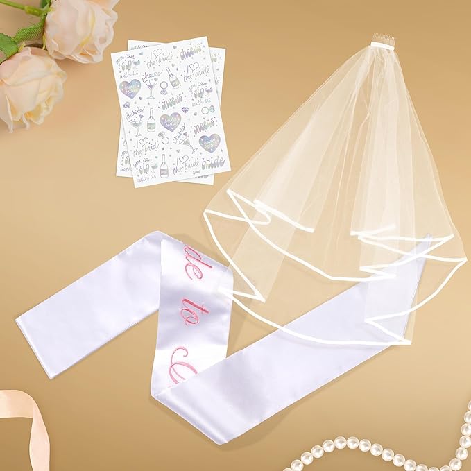 Elegant Bride to Be Sash Set – Embroidered Sash, Plain Veil & Temporary Tattoos – Bridal Shower Hen Night Bachelorette Party Accessories
